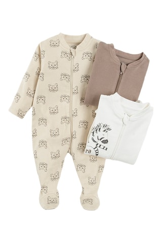 3 grenouillères en coton biologique - Beige, taupe et blanc