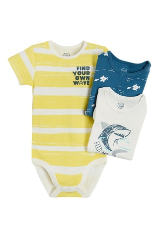 3 bodys en coton biologique Jaune, bleu et blanc