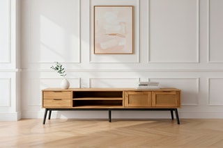 Meuble TV 2 portes en pin massif et rotin Albi - 180 x 52 x 40 cm