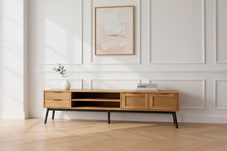 Meuble TV 2 portes en pin massif et rotin Albi - 180 x 52 x 40 cm