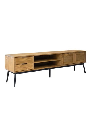 Meuble TV 2 portes en pin massif et rotin Albi - 180 x 52 x 40 cm