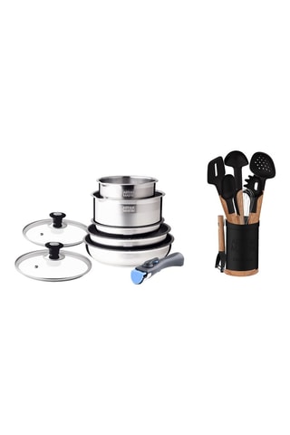 Batteria di pentole in acciaio inossidabile - 8 pezzi e 9 utensili in legno di acacia e silicone