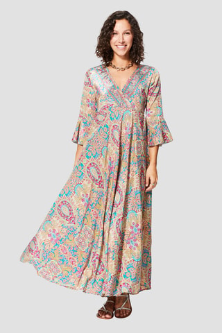 Robe longue - Beige, bleu et rose