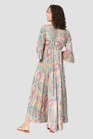 Robe longue - Beige, bleu et rose