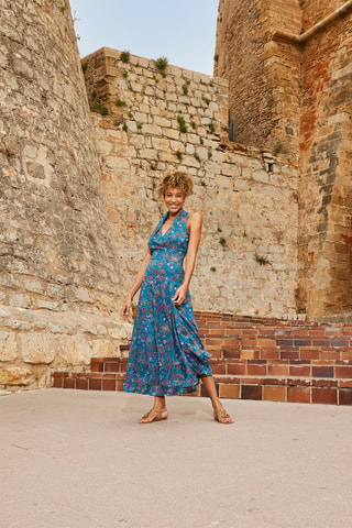 Robe longue - Beige, bleu et orange