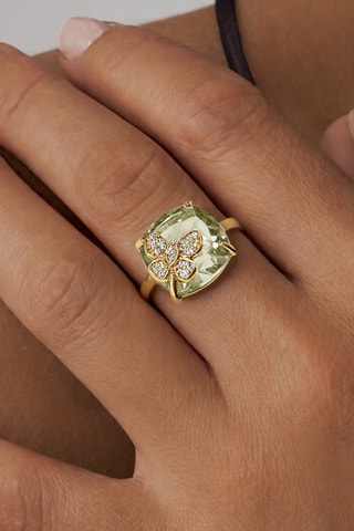Ring - Geelgoud, zilverkleurig, Diamanten en Amethist