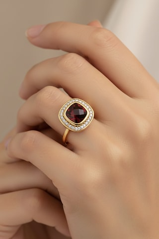 Ring - Geelgoud en Zilver, Granaat en Diamanten 