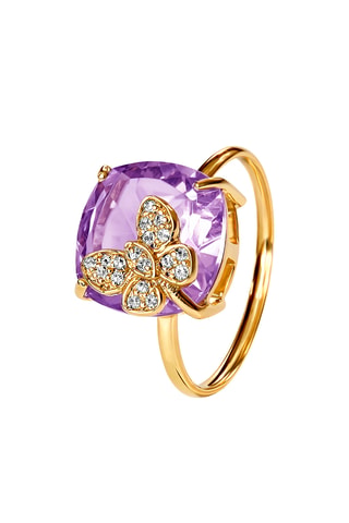 Ring - Geelgoud, zilverkleurig, Diamanten en Amethist