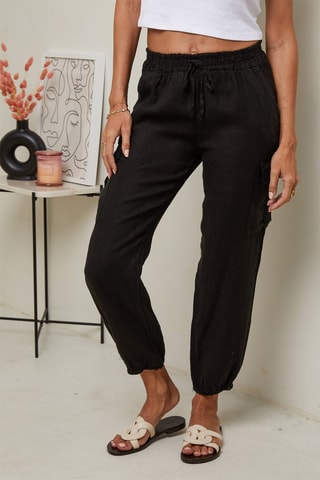 Pantaloni 7/8 a vita alta - 100% lino - Nero