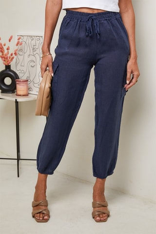 Pantaloni 7/8 a vita alta - 100% lino - Navy