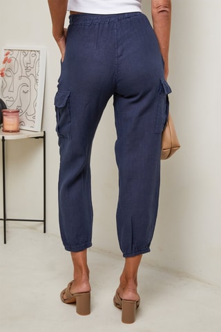 Pantaloni 7/8 a vita alta - 100% lino - Navy