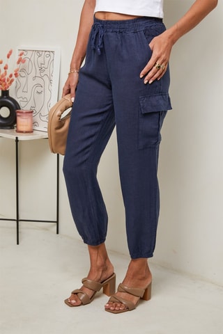 Pantaloni 7/8 a vita alta - 100% lino - Navy
