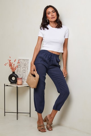 Pantaloni 7/8 a vita alta - 100% lino - Navy