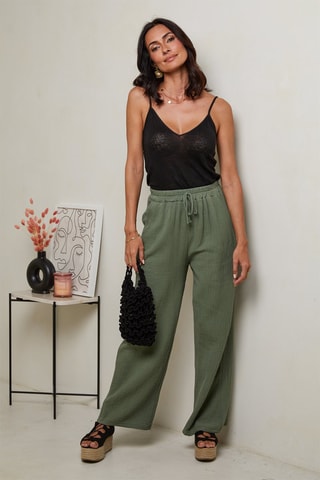Pantaloni a vita alta - 100% lino - Kaki