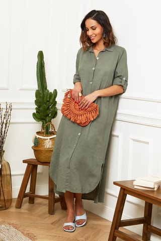Abito a camicia lungo  - 100% lino - Kaki