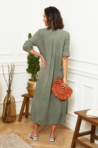 Abito a camicia lungo  - 100% lino - Kaki