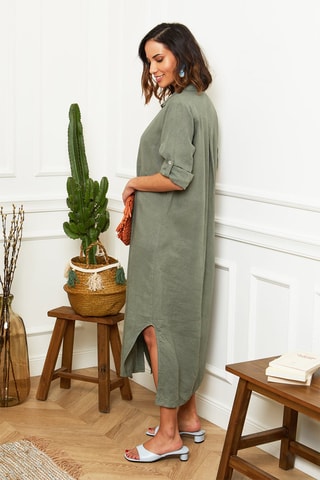 Abito a camicia lungo  - 100% lino - Kaki