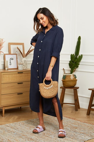 Abito a camicia lungo  - 100% lino - Navy