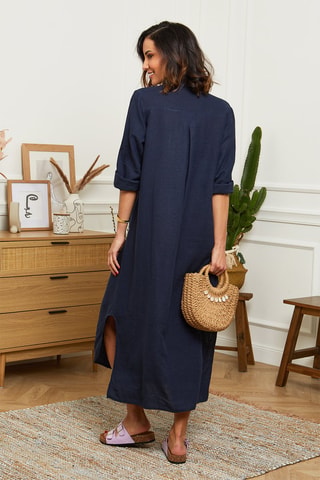 Abito a camicia lungo  - 100% lino - Navy