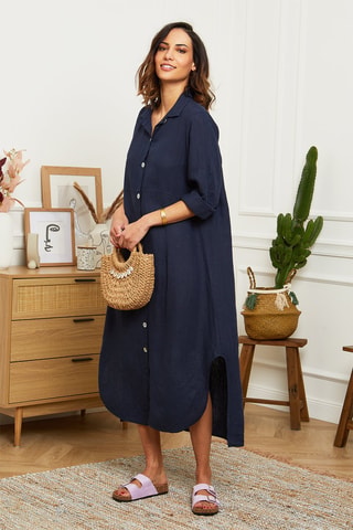 Abito a camicia lungo  - 100% lino - Navy