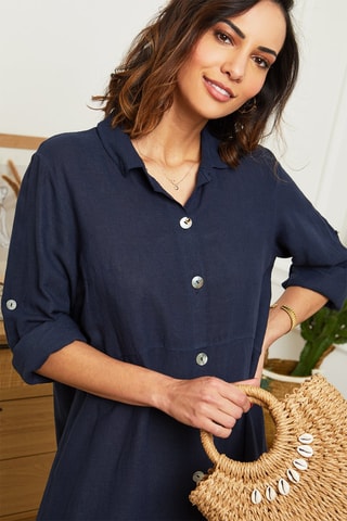 Abito a camicia lungo  - 100% lino - Navy