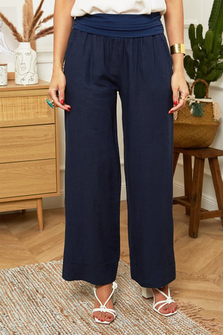 Pantaloni wide legs - 100% lino - Navy