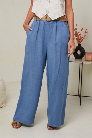 Pantaloni a vita alta  - 100% lino - Indaco