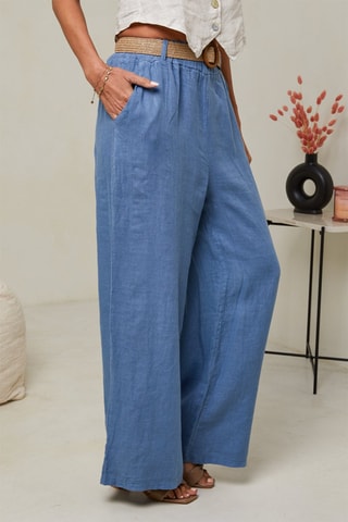 Pantaloni a vita alta  - 100% lino - Indaco