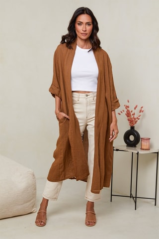 Cardigan lungo - 100% lino - Cammello