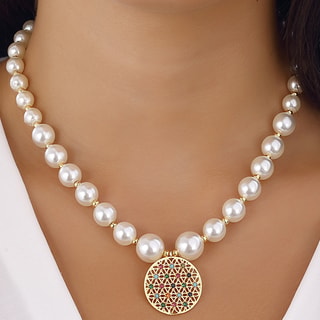 Collana fiore della vita - Ottone placcato oro, perle e zircone 