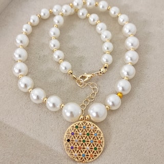 Collana fiore della vita - Ottone placcato oro, perle e zircone 