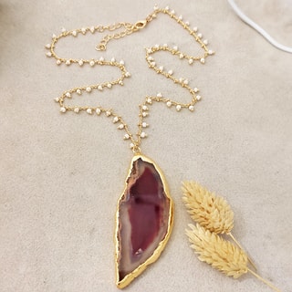 Collana - Ottone dorato e agata - Rosso