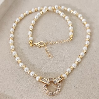 Collana - Ottone placcato oro, perle e zircone