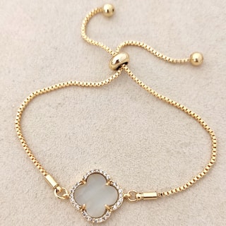 Bracciale quadrifoglio - Ottone placcato oro, pietre di occhio di gatto e zircone - Bianco 