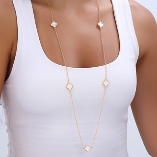 Collana quadrifogli - Ottone placcato oro e madreperla - Bianco