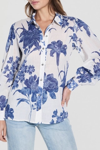Chemisier en ramie Clara - Blanc et bleu cobalt