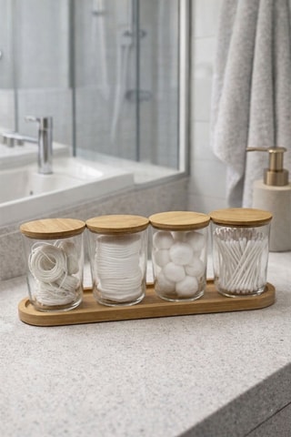 4 glazen potjes met deksels van bamboe 31,5 cl