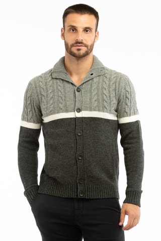 Cárdigan slim fit de lana virgen - Blanco y gris