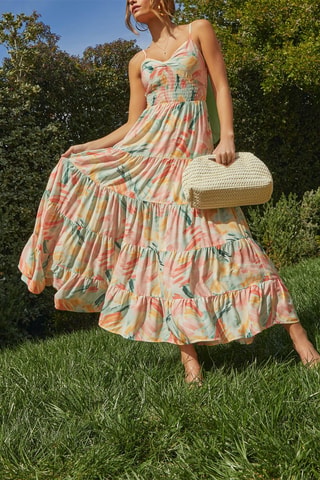 Robe longue - Vert, orange et rose