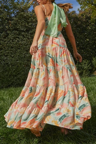 Robe longue - Vert, orange et rose