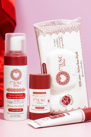 Musc Intime L'Envoutante - Rose Mystik, intieme schuim met Rose Mystik, intieme doekjes met Rose Mystik en deodorant met Rose Mystik