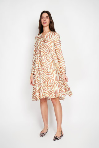 Vestido midi en lino - Blanco y beige