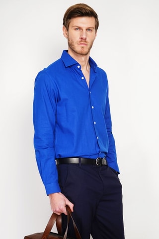 Camisa slim fit de lino - Azul