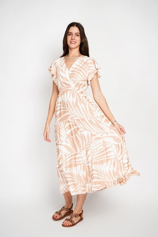 Vestido midi en lino - Blanco y beige