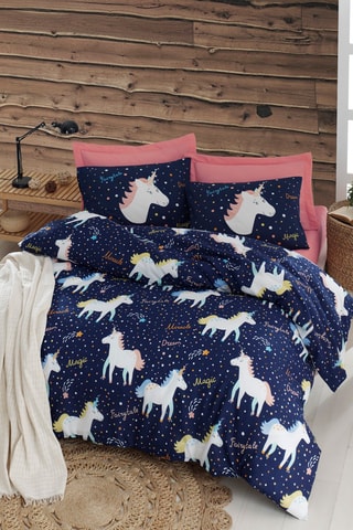Conjunto de cama em algodão 56 fios/cm² Magic Unicorn - Azul-marinho e branco