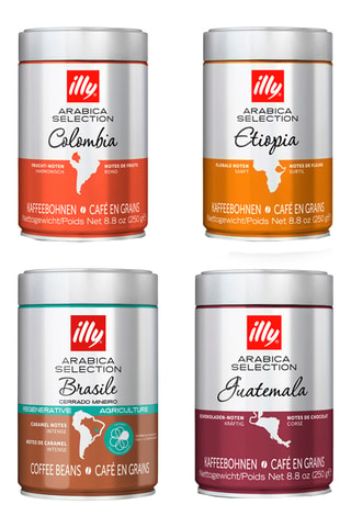 6 botes de café arábica en grano Selection Brasil Cerrado Mineiro - 250 g, 6 botes de café en grano Arabica Selection Etiopia Illy - 250 g, 6 botes de café en grano Arabica Selection Guatemala Illy - 250 g y 6 botes de café en grano Arabica Selection