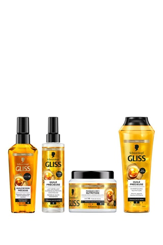 Routine Nutrition - Shampoing Huile Précieuse Gliss Schwarzkopf - Cheveux secs et rêches - 250 ml, Masque 4-en-1 Nutrition Gliss Swharzkopf - Cheveux secs et rêches - 400 ml, Lait démêlant Express Huile Précieuse Gliss Schwarzkopf - 200 ml, Elixir Huile d