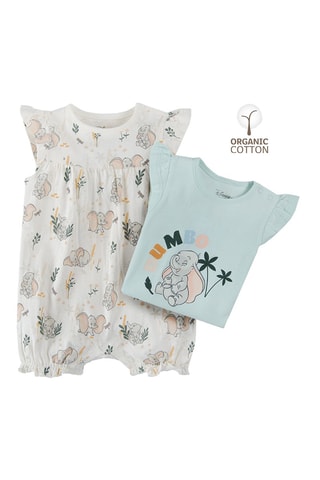 2 barboteuses Dumbo Disney en coton biologique Ecru et bleu clair