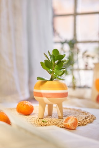 Jarrón de cerámica Mexicana - 13 cm - Naranja y beige