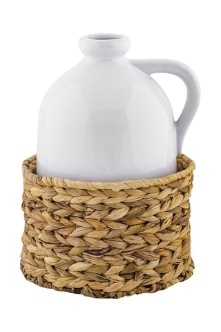 Jarrón de cerámica y soporte de ratán Siranuse - Blanco y beige